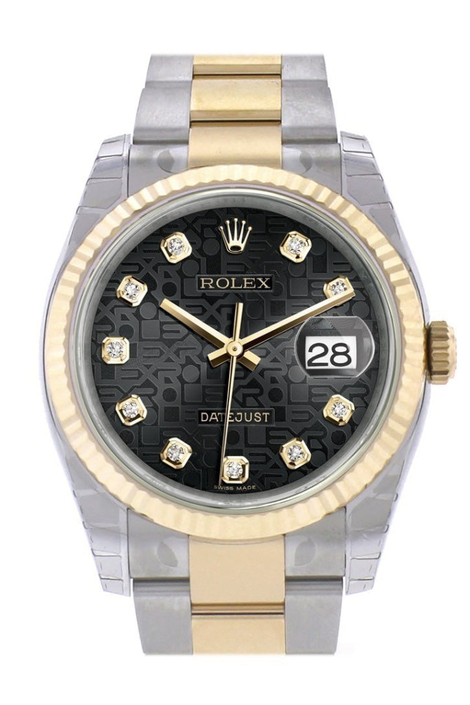 Rolex Datejust 36 Black Jubilee Diamond Dial Fluted 18K Gold Two Tone Oyster Watch 116233 Pre-owned
