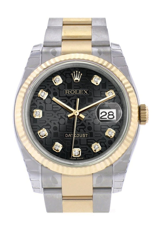 Rolex Datejust 36 Black Jubilee Diamond Dial Fluted 18K Gold Two Tone Oyster Watch 116233 Pre-owned