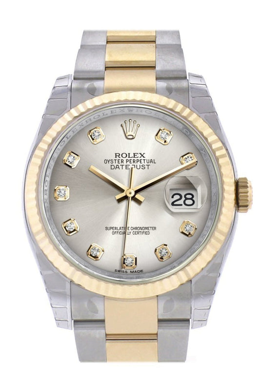 Rolex Datejust 36 Silver Diamond Dial Fluted 18K Gold Two Tone Oyster Watch 116233 Pre-owned