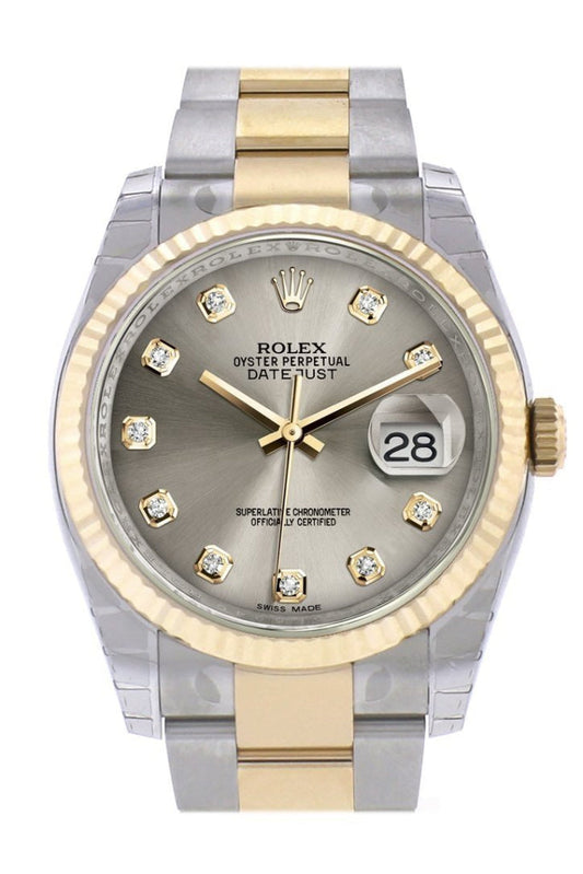 Rolex Datejust 36 Steel Diamond Dial Fluted 18K Gold Two Tone Oyster Watch 116233 Pre-owned