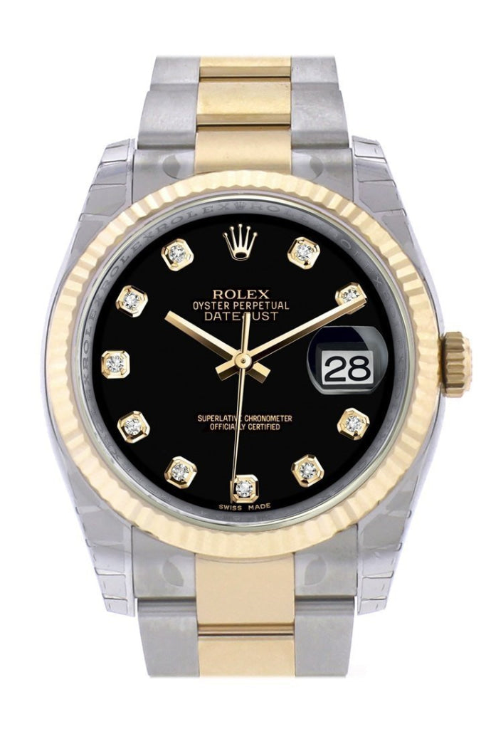 Rolex Datejust 36 Black Diamond Dial Fluted 18K Gold Two Tone Oyster Watch 116233 Pre-owned