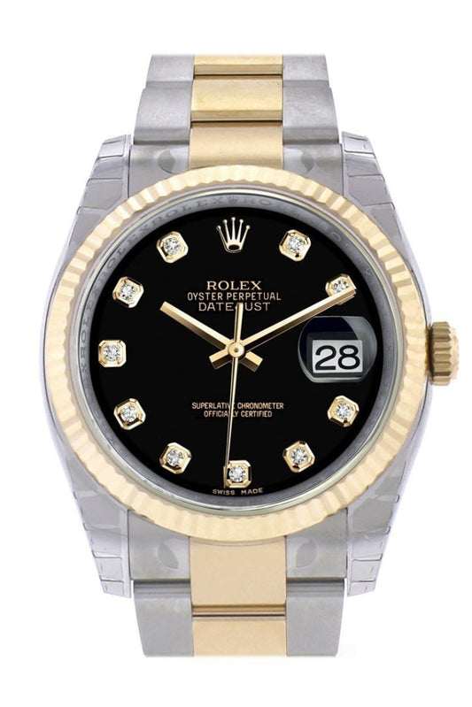 Rolex Datejust 36 Black Diamond Dial Fluted 18K Gold Two Tone Oyster Watch 116233 Pre-owned