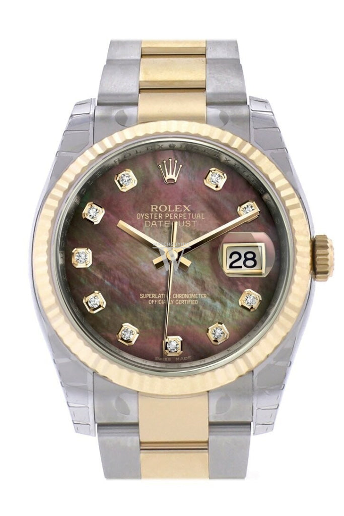 Rolex Datejust 36 Black mother-of-pearl Diamond Dial Fluted 18K Gold Two Tone Oyster Watch 116233 Pre-owned