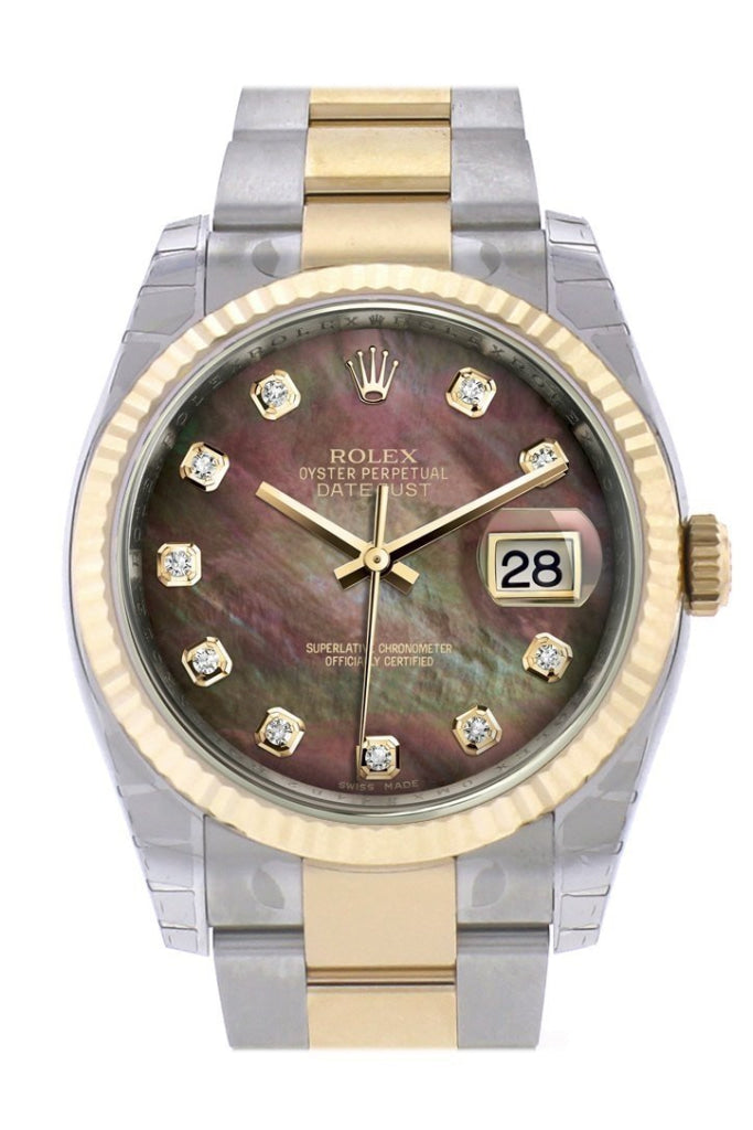 Rolex Datejust 36 Black mother-of-pearl Diamond Dial Fluted 18K Gold Two Tone Oyster Watch 116233 Pre-owned
