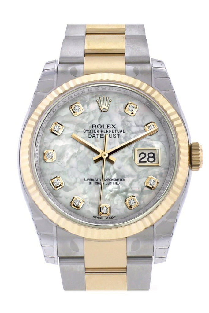 Rolex Datejust 36 White mother-of-pearl Diamond Dial Fluted 18K Gold Two Tone Oyster Watch 116233 Pre-owned