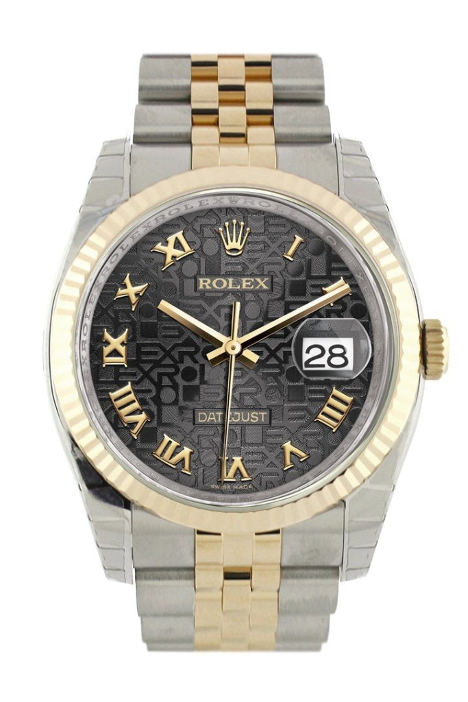 Rolex Datejust 36 Black Jubilee Roman Dial Fluted 18K Gold Two Tone Jubilee Watch 116233 Pre-owned