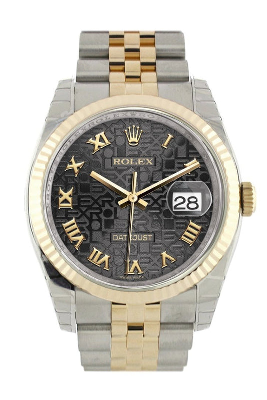 Rolex Datejust 36 Black Jubilee Roman Dial Fluted 18K Gold Two Tone Jubilee Watch 116233 Pre-owned