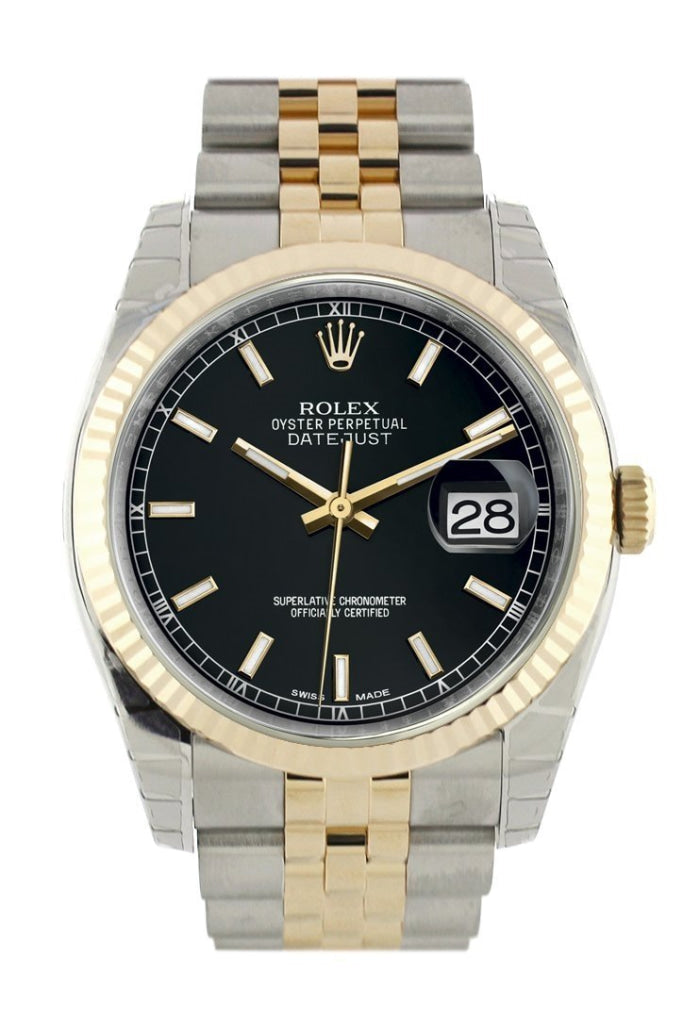 Rolex Datejust 36 Black Dial Fluted 18K Gold Two Tone Jubilee Watch 116233 Pre-owned