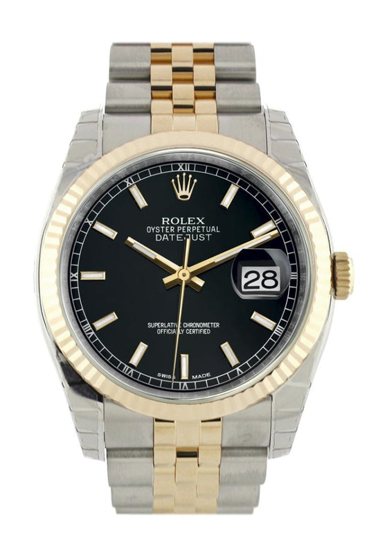 Rolex Datejust 36 Black Dial Fluted 18K Gold Two Tone Jubilee Watch 116233 Pre-owned
