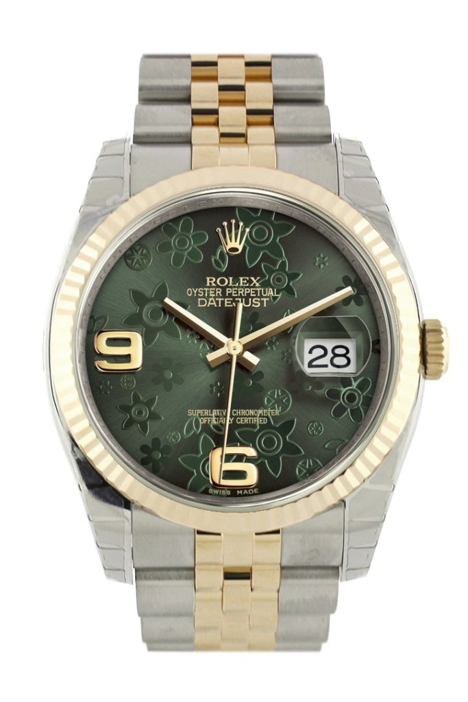 Rolex Datejust 36 Green floral motif Dial Fluted 18K Gold Two Tone Jubilee Watch 116233 Pre-owned