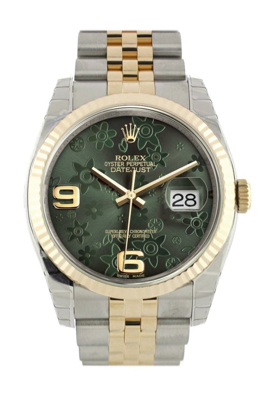 Rolex Datejust 36 Green floral motif Dial Fluted 18K Gold Two Tone Jubilee Watch 116233 Pre-owned