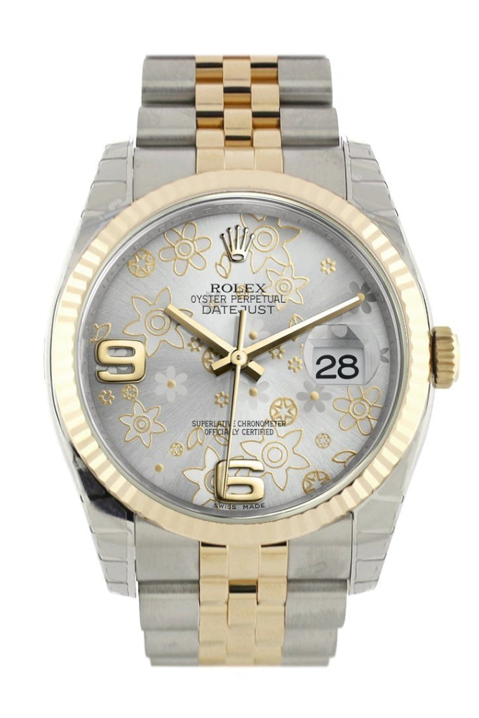 Rolex Datejust 36 Silver floral motif Dial Fluted 18K Gold Two Tone Jubilee Watch 116233 Pre-owned
