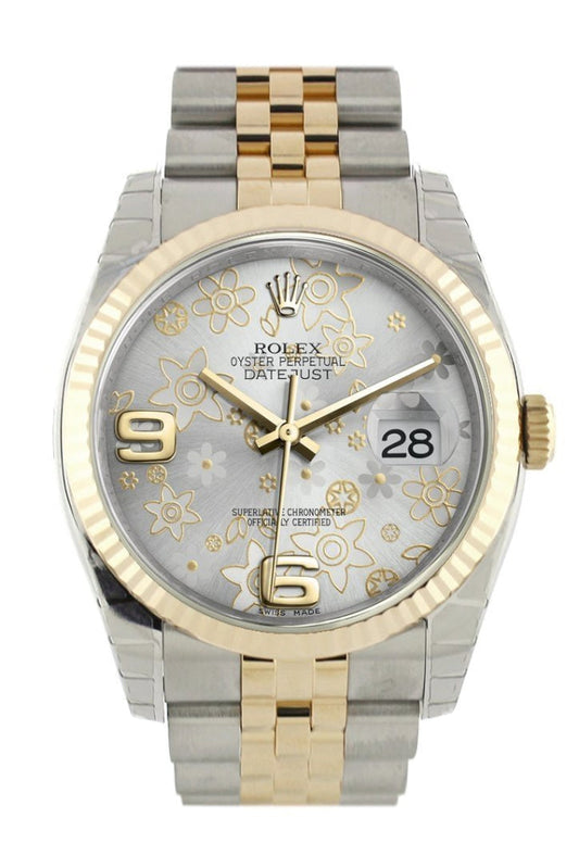Rolex Datejust 36 Silver floral motif Dial Fluted 18K Gold Two Tone Jubilee Watch 116233 Pre-owned