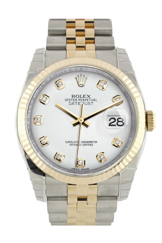 Rolex Datejust 36 White Diamond Dial Fluted 18K Gold Two Tone Jubilee Watch 116233 Pre-owned