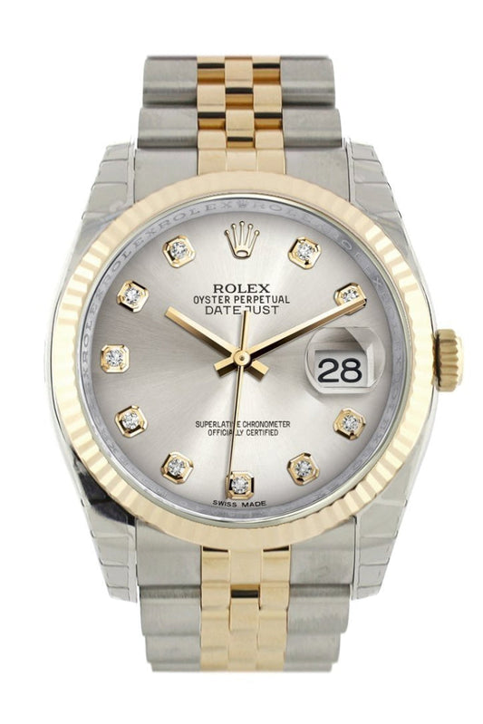 Rolex Datejust 36 Silver Diamond Dial Fluted 18K Gold Two Tone Jubilee Watch 116233 Pre-owned