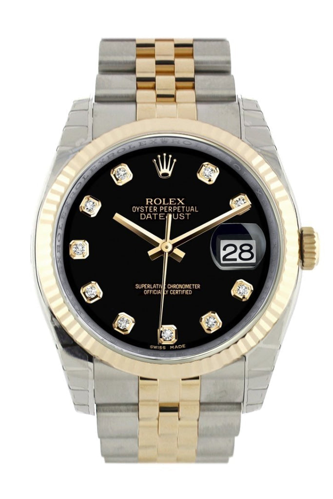 Rolex Datejust 36 Black Diamond Dial Fluted 18K Gold Two Tone Jubilee Watch 116233 Pre-owned