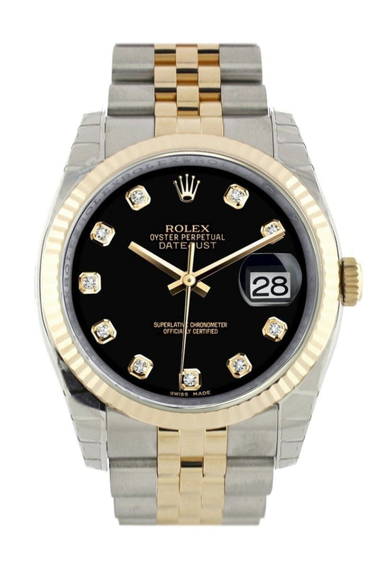 Rolex Datejust 36 Black Diamond Dial Fluted 18K Gold Two Tone Jubilee Watch 116233 Pre-owned
