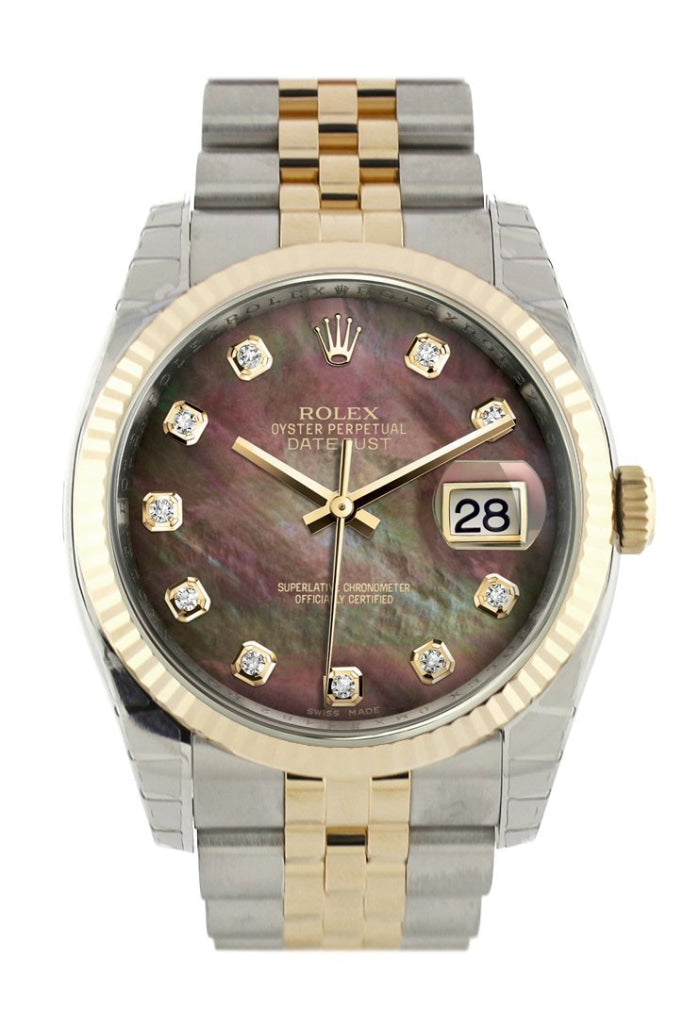 Rolex Datejust 36 Black mother-of-pearl Diamond Dial Fluted 18K Gold Two Tone Jubilee Watch 116233 Pre-owned