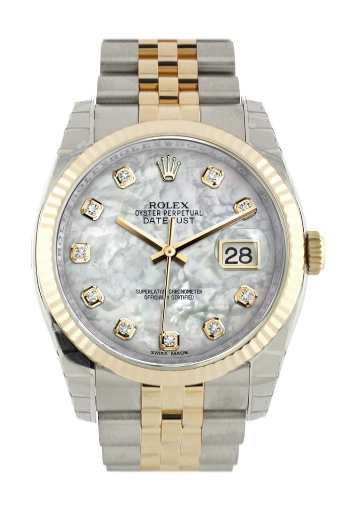 Rolex Datejust 36 White mother-of-pearl Diamond Dial Fluted 18K Gold Two Tone Jubilee Watch 116233 Pre-owned