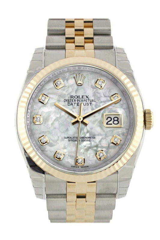 Rolex Datejust 36 White mother-of-pearl Diamond Dial Fluted 18K Gold Two Tone Jubilee Watch 116233 Pre-owned