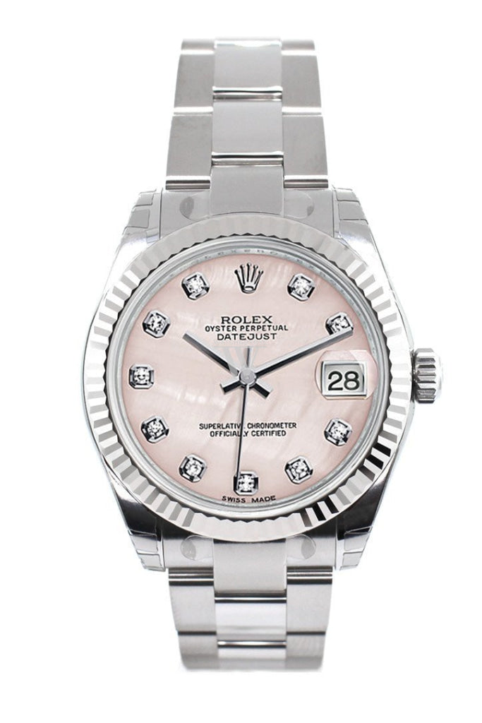 Rolex Datejust 31 Pink Mother of Pearl Set Diamonds Dial White Gold Fluted Bezel Ladies Watch 178274 Pre-owned