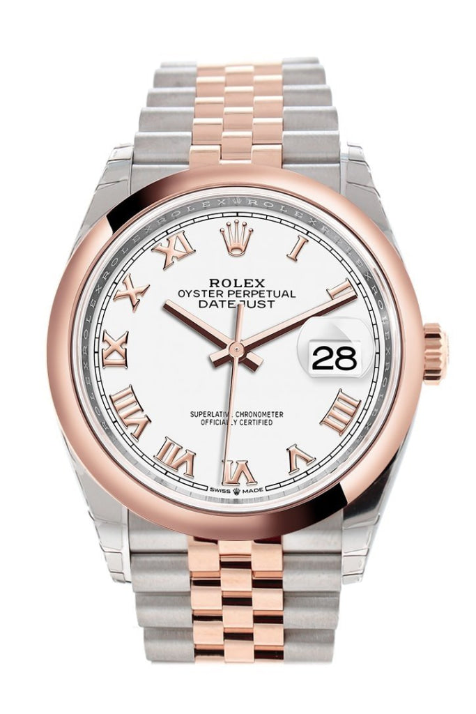 Rolex Datejust 36 White Roman Dial Dome Rose Gold Two Tone Jubilee Watch 126201 NP