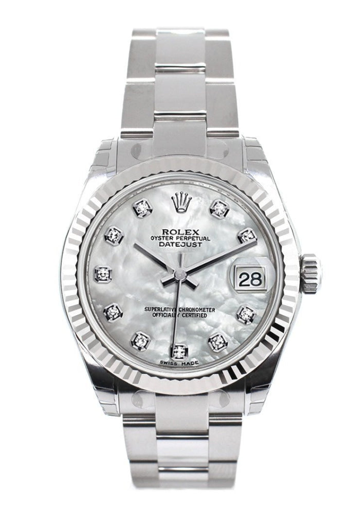 Rolex Datejust 31 White Mother of Pearl Set Diamonds Dial White Gold Fluted Bezel Ladies Watch 178274 Pre-owned