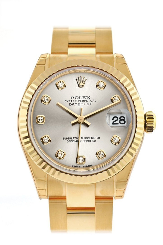 Rolex Datejust 31 Silver Diamond Dial Fluted Bezel 18K Yellow Gold Ladies Watch 178278 Pre-owned