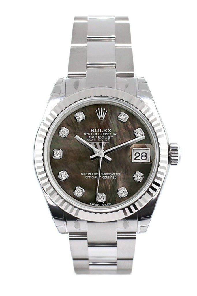 Rolex Datejust 31 Black Mother of Pearl Set Diamonds Dial White Gold Fluted Bezel Ladies Watch 178274 Pre-owned