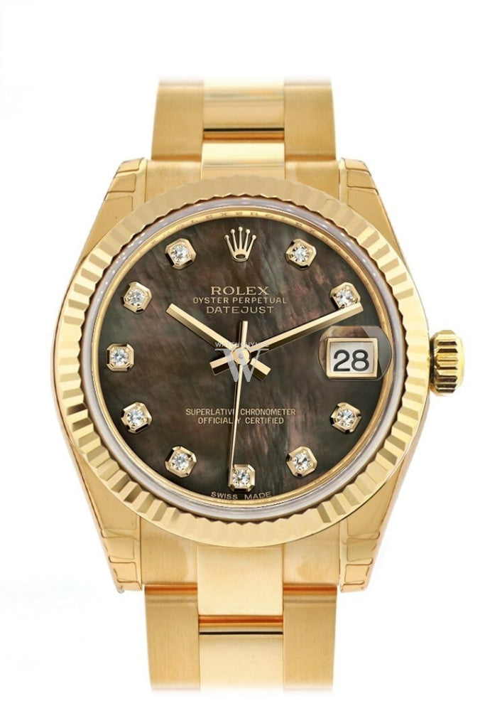 Rolex Datejust 31 Black Mother of Pearl Diamond Dial Fluted Bezel 18K Yellow Gold Ladies Watch 178278 Pre-owned