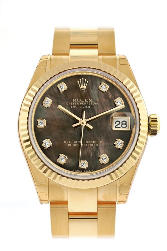 Rolex Datejust 31 Black Mother of Pearl Diamond Dial Fluted Bezel 18K Yellow Gold Ladies Watch 178278 Pre-owned