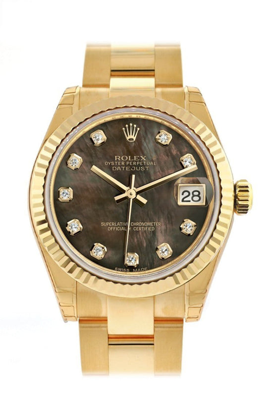 Rolex Datejust 31 Black Mother of Pearl Diamond Dial Fluted Bezel 18K Yellow Gold Ladies Watch 178278 Pre-owned