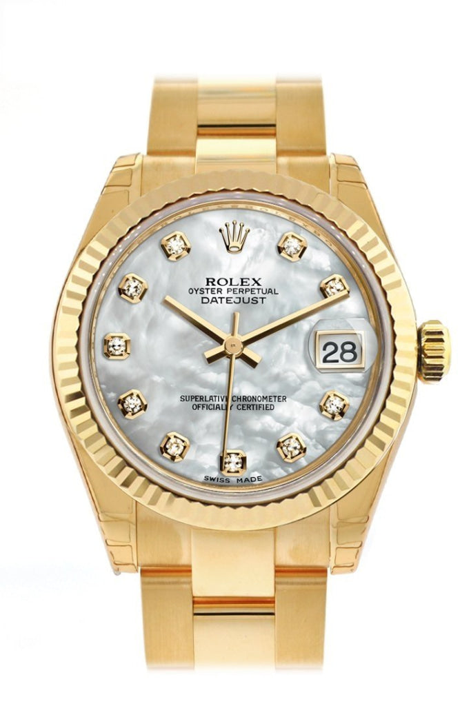 Rolex Datejust 31 White Mother of Pearl Diamond Dial Fluted Bezel 18K Yellow Gold Ladies Watch 178278 Pre-owned