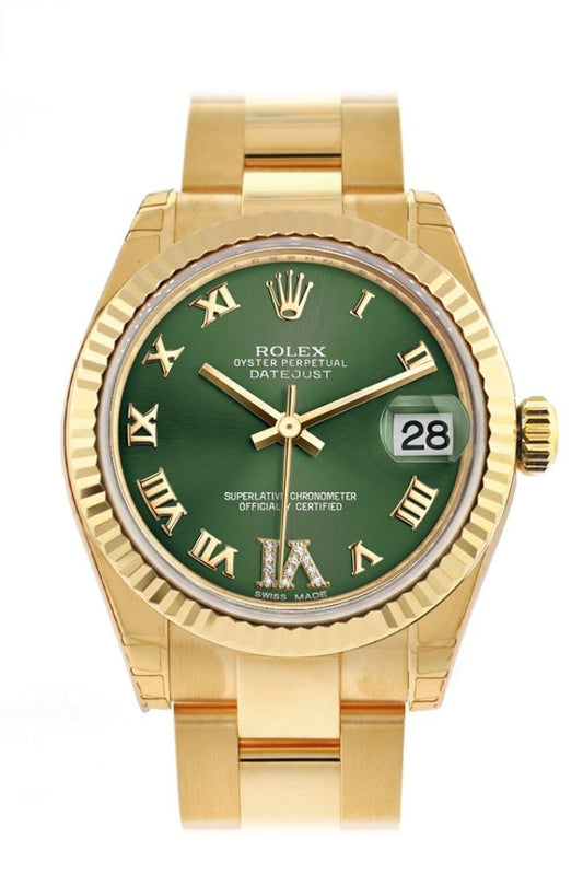 Rolex Datejust 31 Olive Green VI Diamonds Dial Fluted Bezel 18K Yellow Gold Ladies Watch 178278 Pre-owned