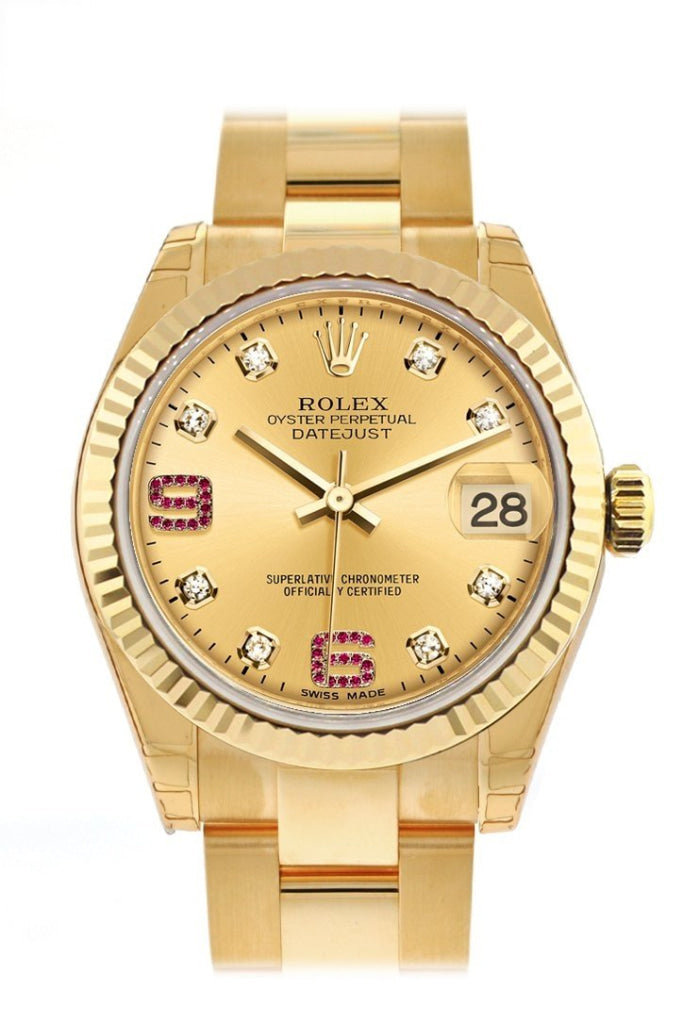 Rolex Datejust 31 Champagne Diamonds Rubies Dial Fluted Bezel 18K Yellow Gold Ladies Watch 178278 Pre-owned