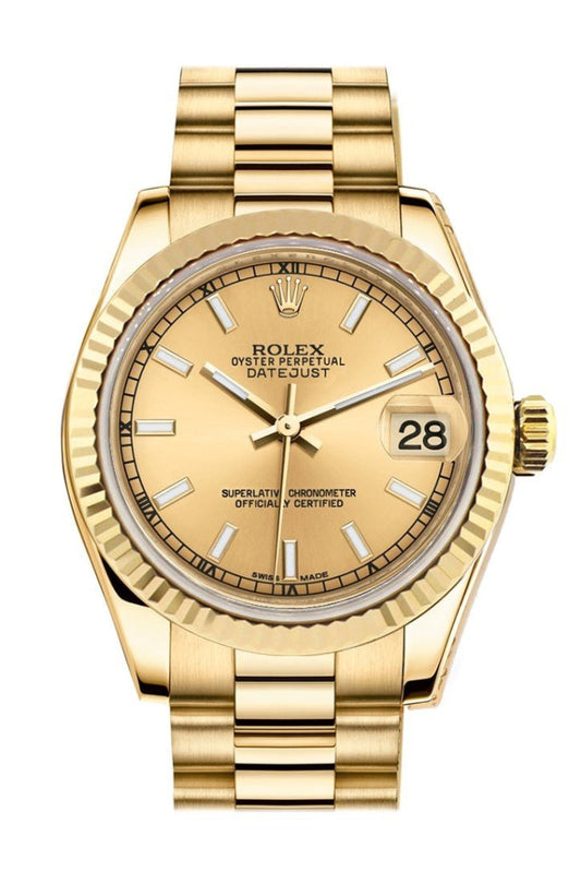 Rolex Datejust 31 Champagne Dial Fluted Bezel 18K Yellow Gold President Ladies Watch 178278 Pre-owned