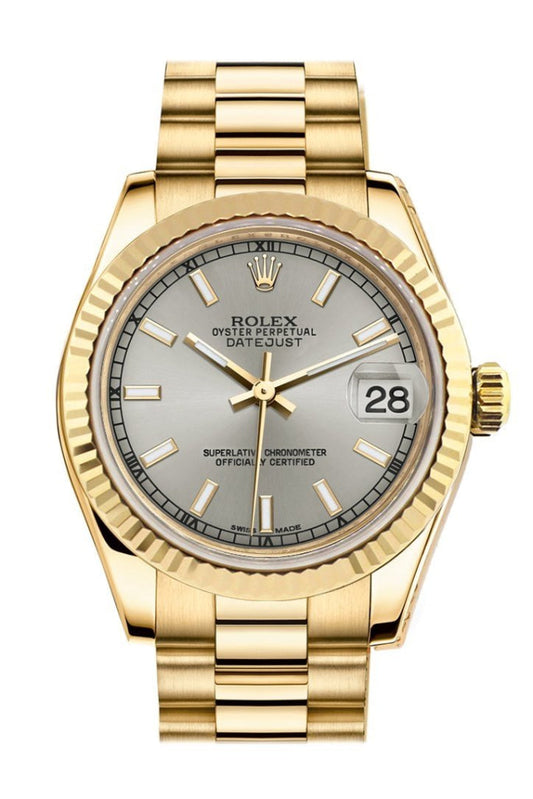 Rolex Datejust 31 Silver Dial Fluted Bezel 18K Yellow Gold President Ladies Watch 178278 Pre-owned