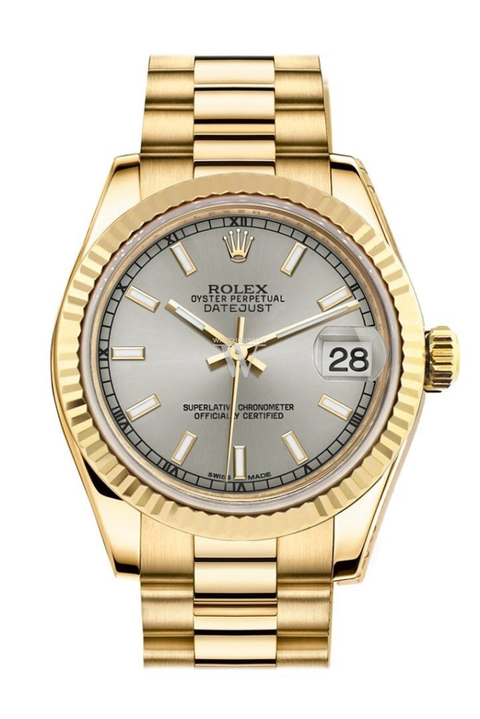 Rolex Datejust 31 Silver Dial Fluted Bezel 18K Yellow Gold President Ladies Watch 178278 Pre-owned