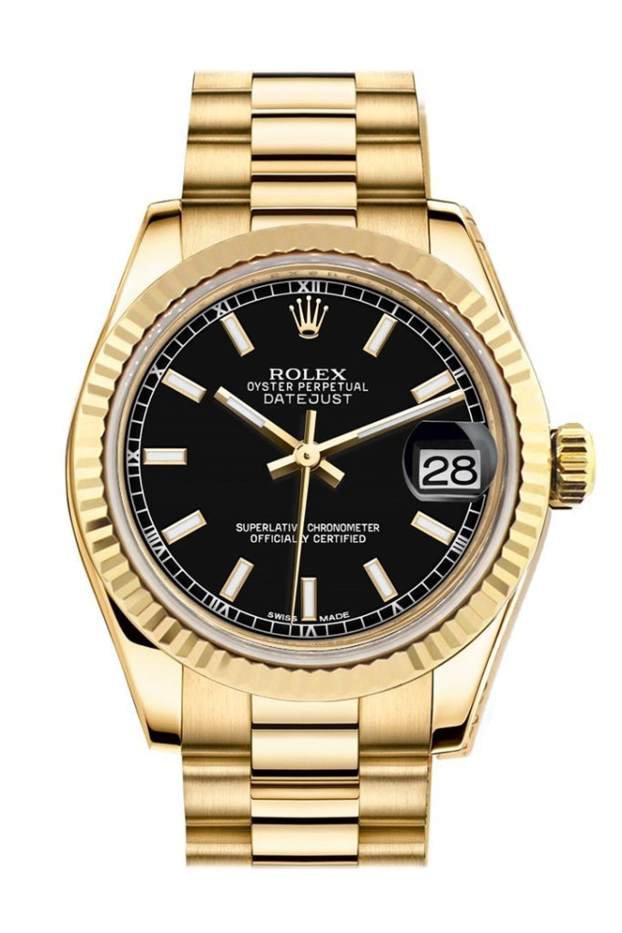Rolex Datejust 31 Black Dial Fluted Bezel 18K Yellow Gold President Ladies Watch 178278 Pre-owned