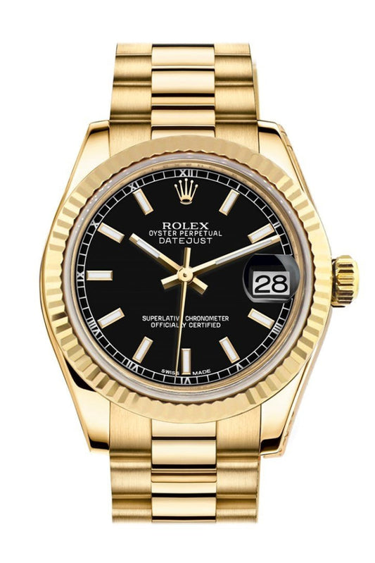 Rolex Datejust 31 Black Dial Fluted Bezel 18K Yellow Gold President Ladies Watch 178278 Pre-owned