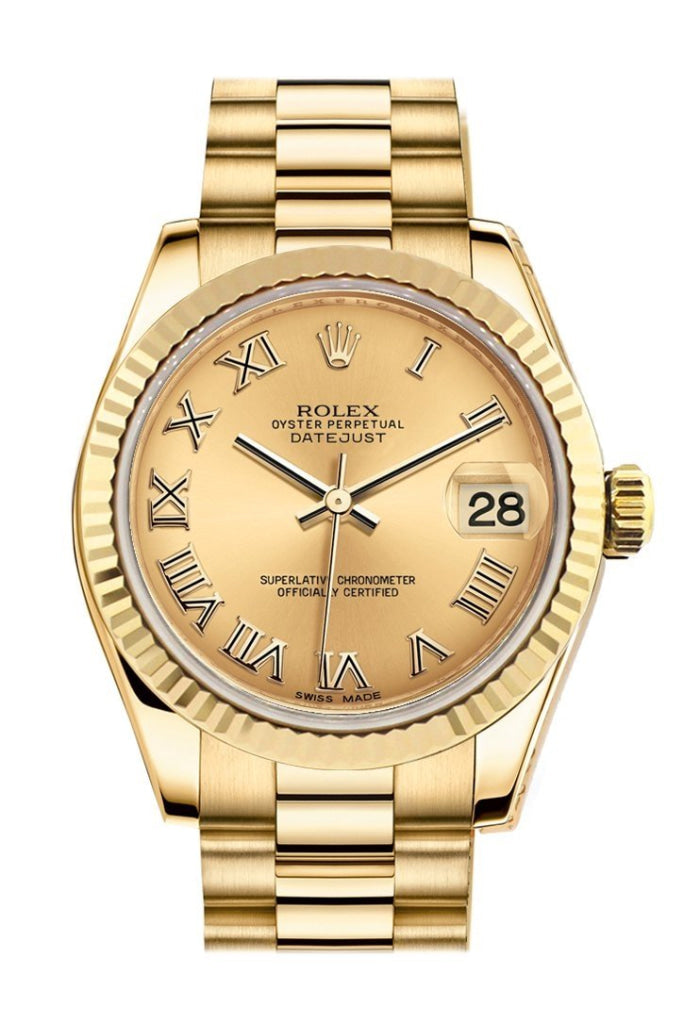 Rolex Datejust 31 Champagne Roman Dial Fluted Bezel 18K Yellow Gold President Ladies Watch 178278 Pre-owned