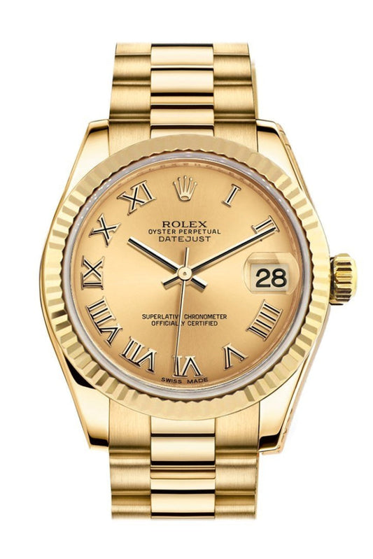 Rolex Datejust 31 Champagne Roman Dial Fluted Bezel 18K Yellow Gold President Ladies Watch 178278 Pre-owned