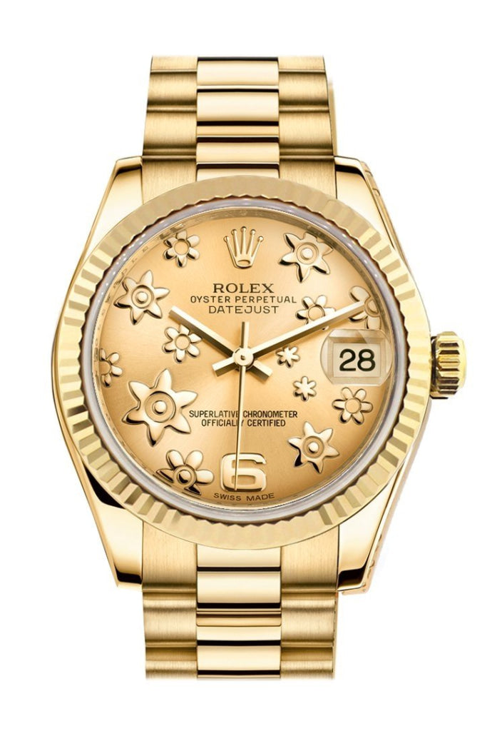 Rolex Datejust 31 Champagne Floral Motif Dial Fluted Bezel 18K Yellow Gold President Ladies Watch 178278 Pre-owned