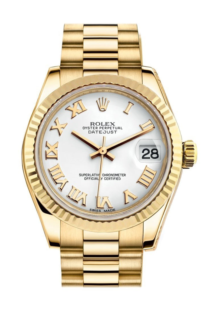 Rolex Datejust 31 White Roman Dial Fluted Bezel 18K Yellow Gold President Ladies Watch 178278 Pre-owned