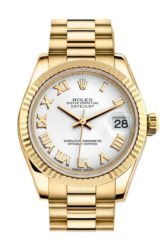 Rolex Datejust 31 White Roman Dial Fluted Bezel 18K Yellow Gold President Ladies Watch 178278 Pre-owned