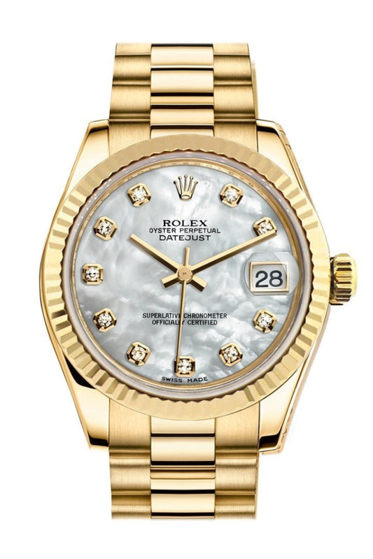 Rolex Datejust 31 White Mother of Pearl Dia Dial Fluted Bezel 18K Yellow Gold President Ladies Watch 178278 Pre-owned