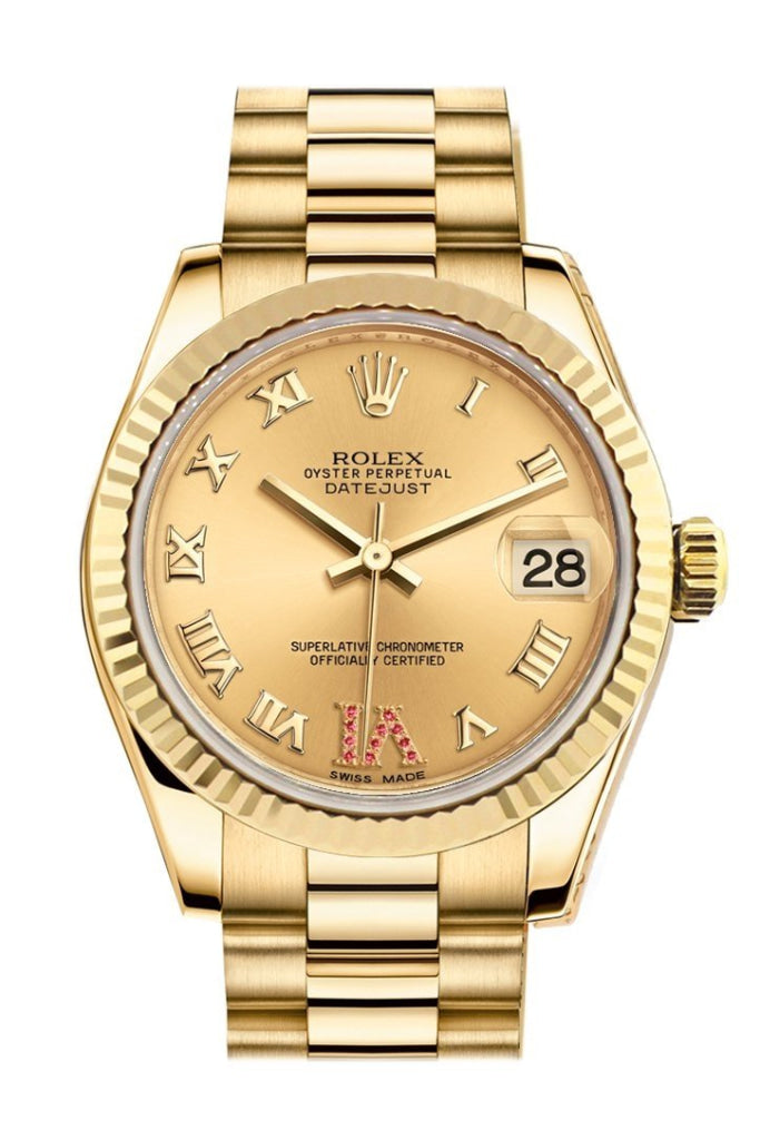 Rolex Datejust 31 Champagne Large VI Rubies Dial Fluted Bezel 18K Yellow Gold President Ladies Watch 178278 Pre-owned