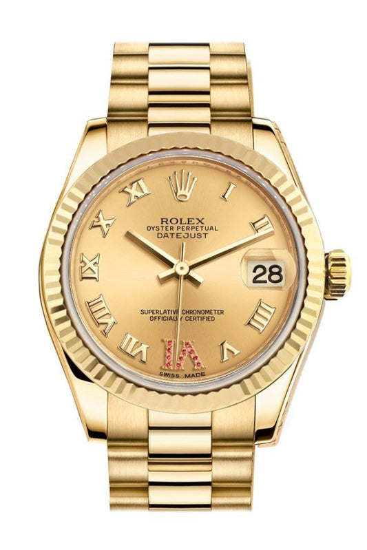 Rolex Datejust 31 Champagne Large VI Rubies Dial Fluted Bezel 18K Yellow Gold President Ladies Watch 178278 Pre-owned