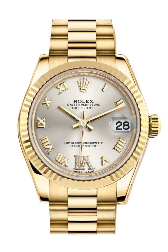 Rolex Datejust 31 Silver Large VI Rubies Dial Fluted Bezel 18K Yellow Gold President Ladies Watch 178278 Pre-owned