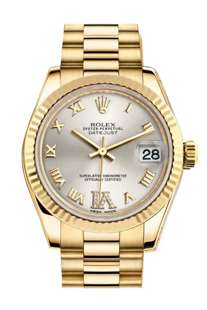 Rolex Datejust 31 Silver Large VI Rubies Dial Fluted Bezel 18K Yellow Gold President Ladies Watch 178278 Pre-owned